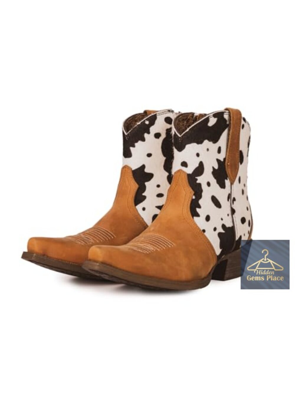 Women's Cowboy Boots Genuine Cowhide Leather Ankle Booties Low Chunky Heel